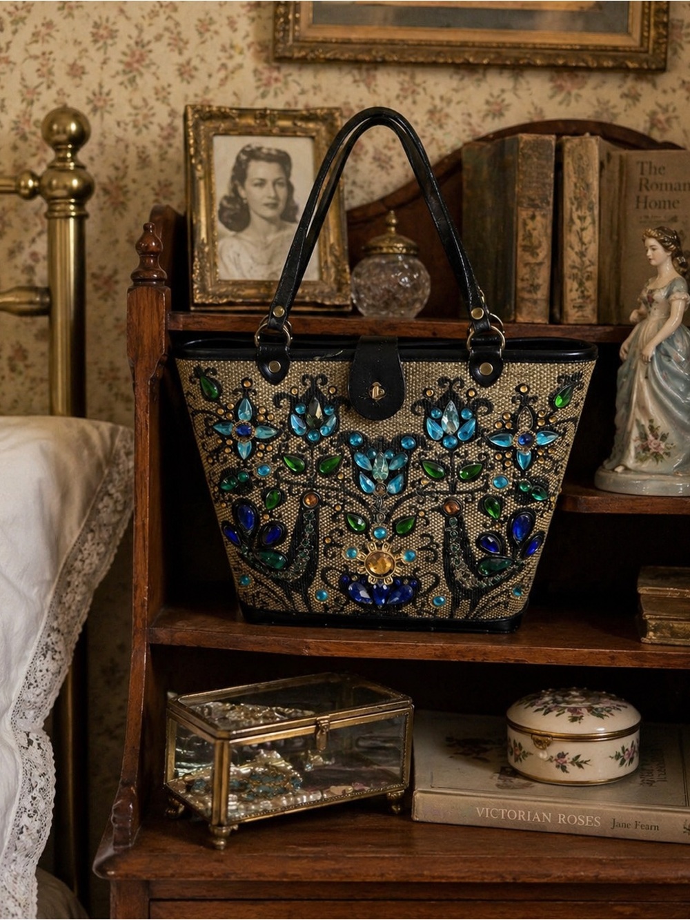 VTG 1964 Enid Collins Purse Pavan Pheasant Peacock Blue Jewels Wooden Bucket